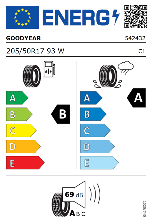 Tyre Label for Goodyear EfficientGrip Performance 2 205/50R17 93W