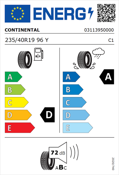 Tyre Label for Continental SportContact 7 235/40R19 96Y