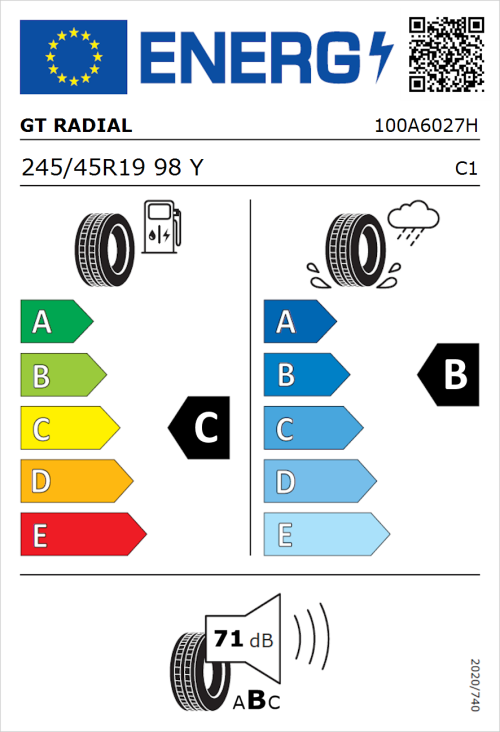 Tyre Label for GT Radial Sport Active 245/45R19 98Y
